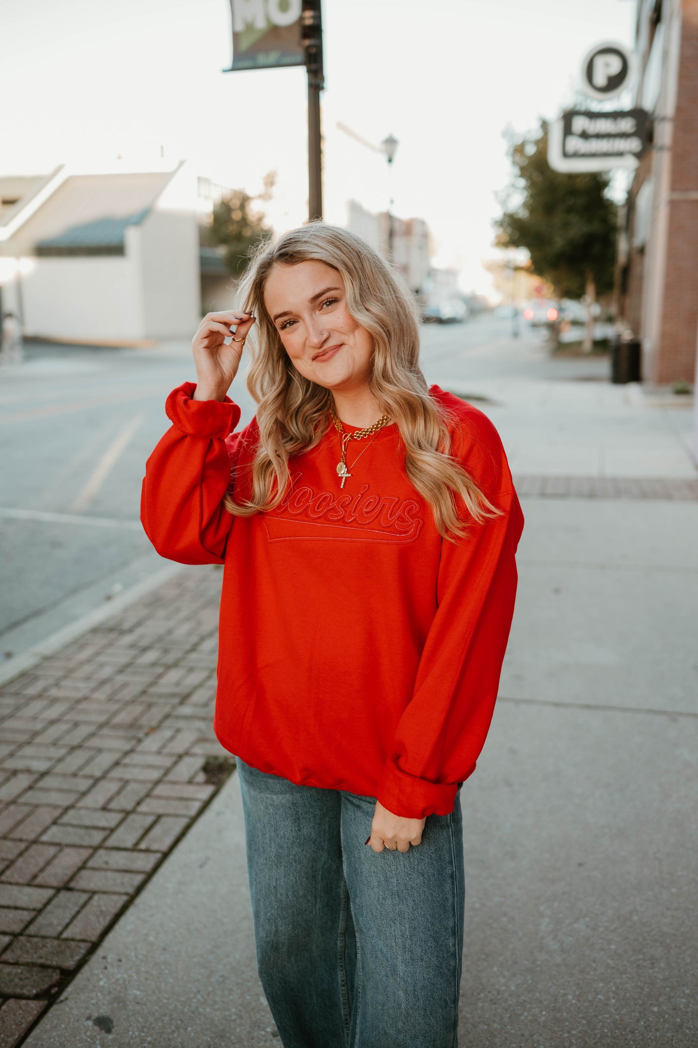 RED HOOSIERS FELT PATCH CREWNECK